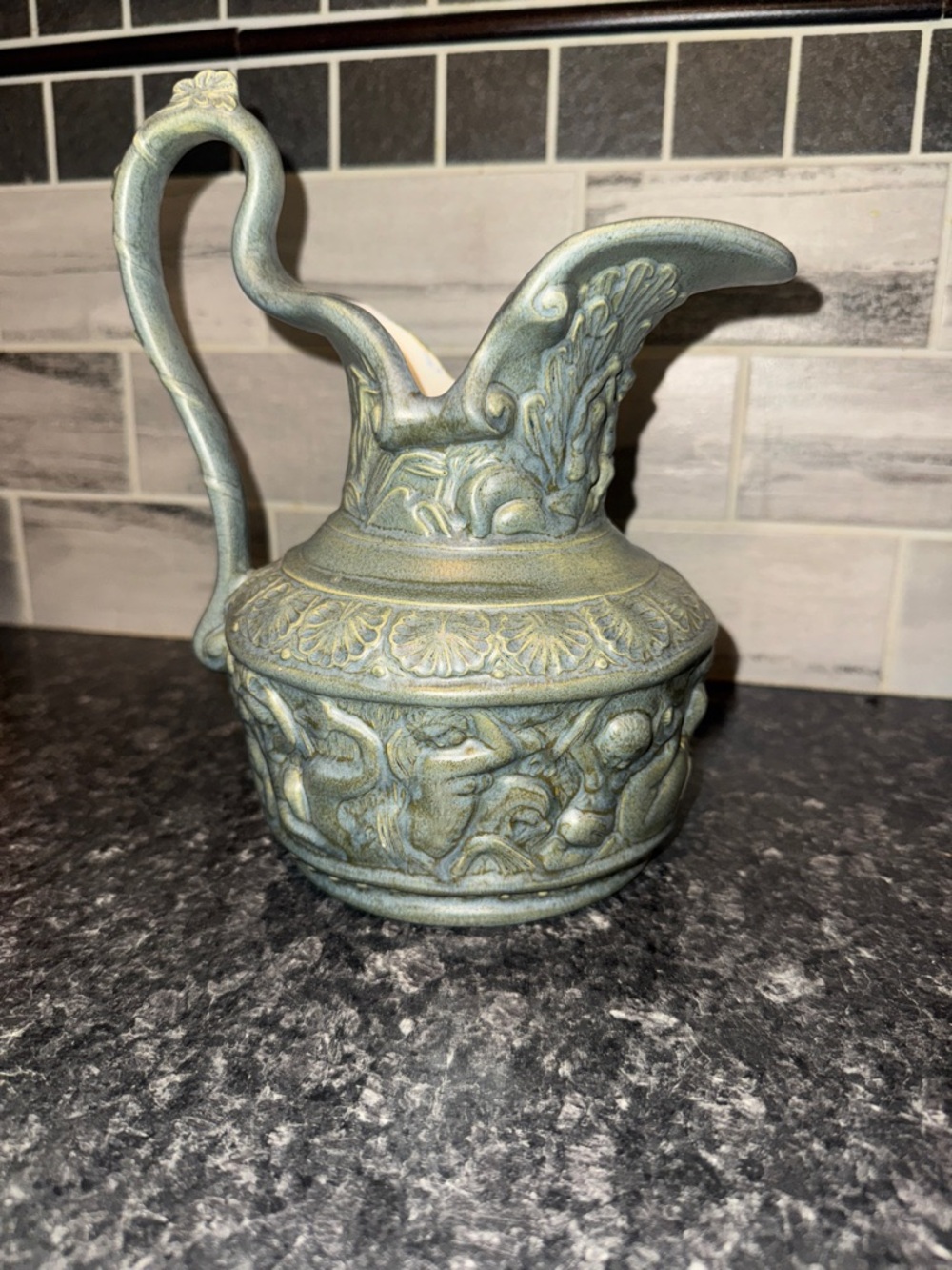 Vintage Greek Mythology Poseidon Mermaids Merman Cherub 3D Pitcher